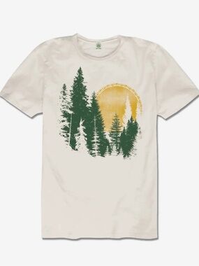 Soul Flower Cream Tee with Green Forest and Yellow Sun Graphic